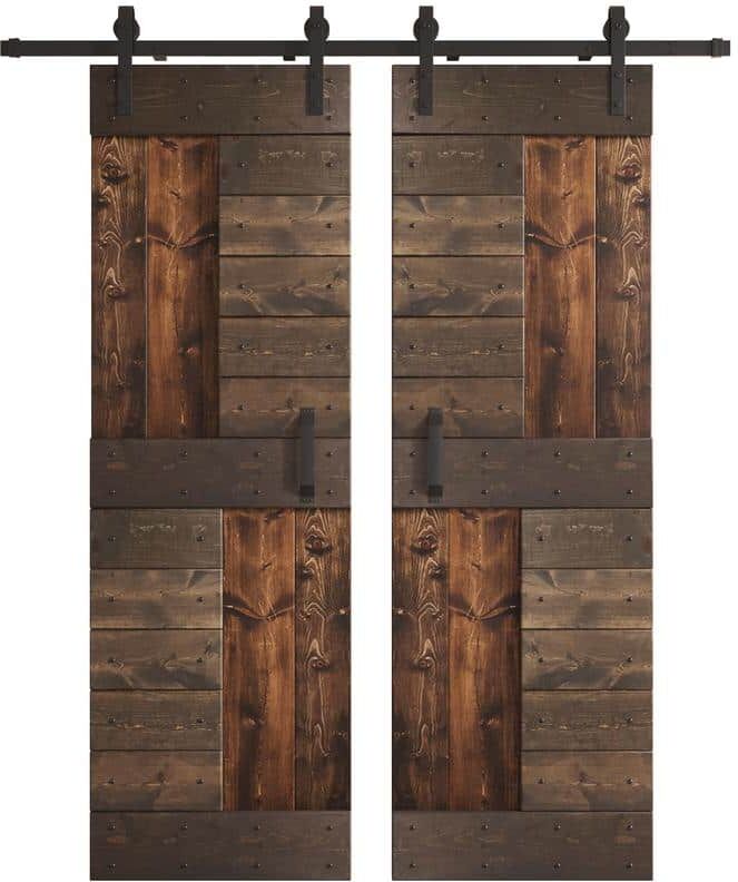 COAST SEQUOIA INC S Series 60 in. x 84 in. Kona Coffee/Smoky Gray Knotty Pine Wood Double Sliding Barn Door with Hardware Kit