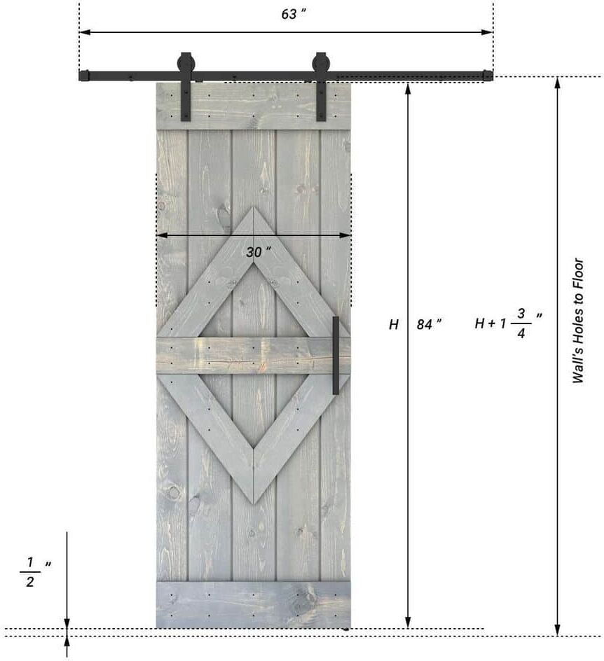 Dessliy Diamond Series 30 in. x 84 in. Fully Set Up Weather Grey Finished Pine Wood Sliding Barn Door With Hardware Kit