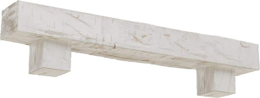 Ekena Millwork 4 in. x 4 in. x 5 ft. Hand Hewn Faux Wood Fireplace Mantel Kit, Alamo Corbels, Factory Prepped Ready to Paint