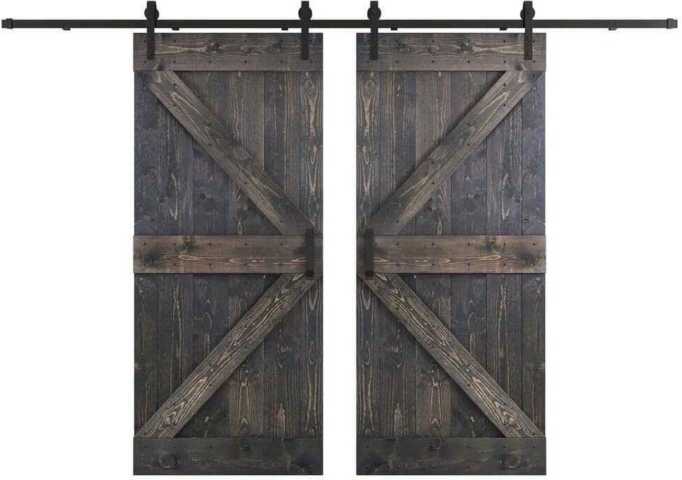 COAST SEQUOIA INC K Series 72 in. x 84 in. Carbon Gray DIY Knotty Wood Double Sliding Barn Door with Hardware Kit