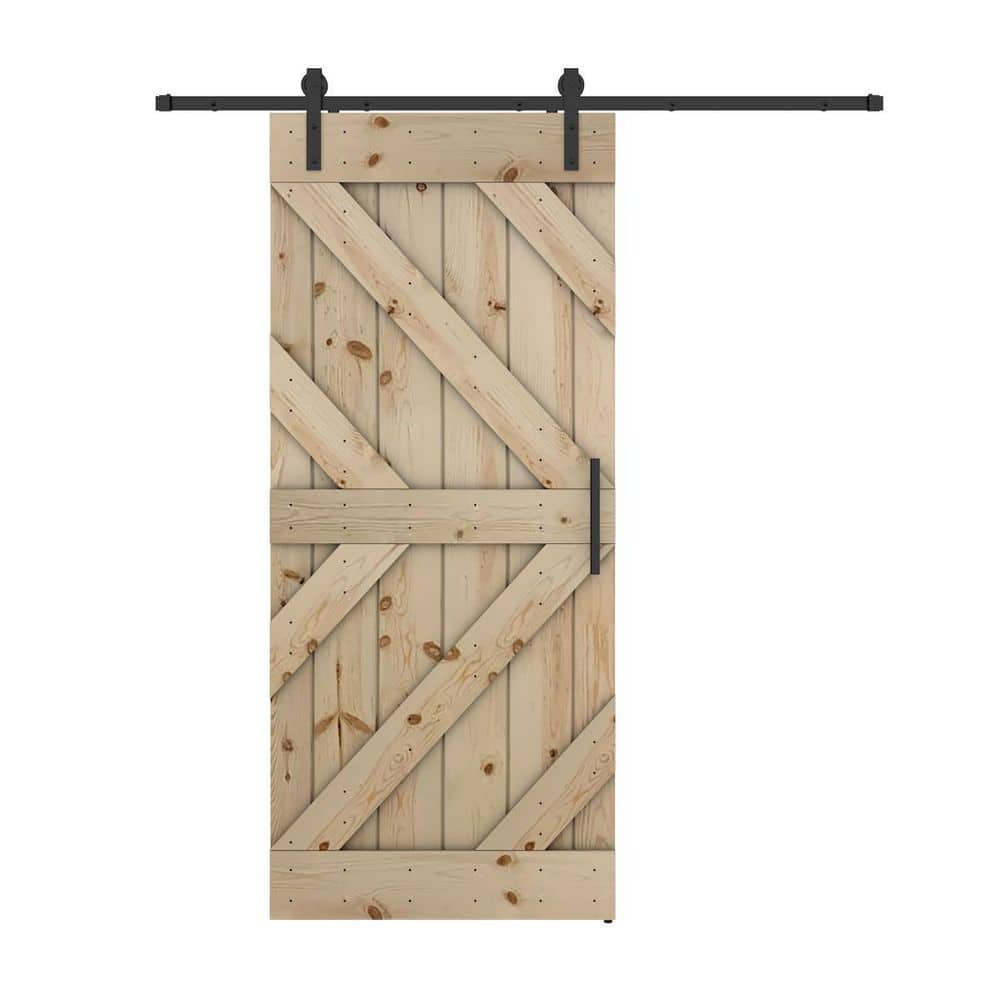 Dessliy Triple KR 38 in. x 84 in. Fully Set Up Unfinished Pine Wood Sliding Barn Door with Hardware Kit