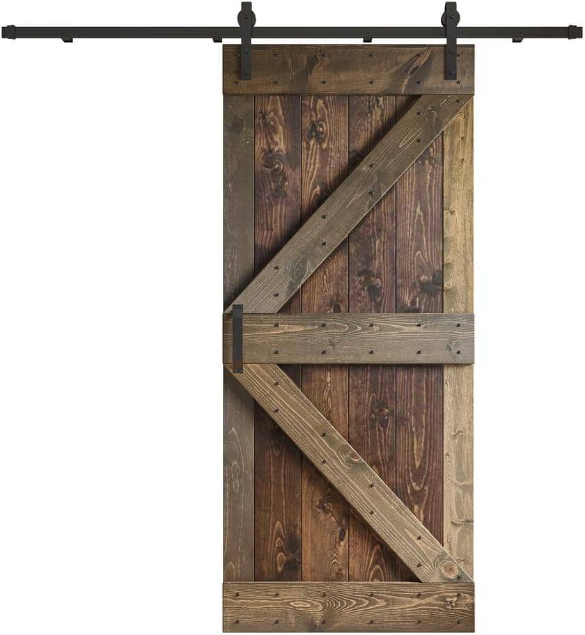 COAST SEQUOIA INC K Series 36 in. x 84 in. Kona Coffee Smoky Gray Knotty Pine Wood Sliding Barn Door with Hardware Kit