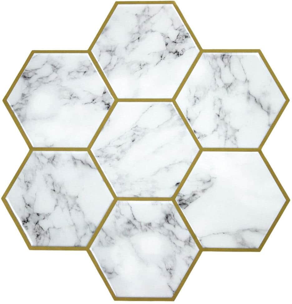 RoomMates Gold-Marble Carrara Lg Hexagon 10.5in. x 10.5in. Vinyl Peel and Stick Tiles (Total sq. ft. covered 2.05 sq. ft./4-Pack)