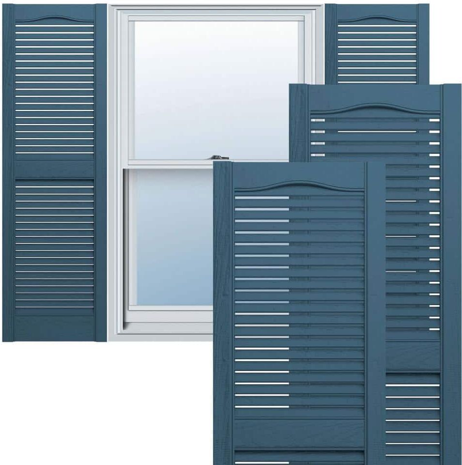 Ekena Millwork 12 in. x 36 in. Lifetime Vinyl Standard Cathedral Top Center Mullion Open Louvered Shutters Pair Classic Blue