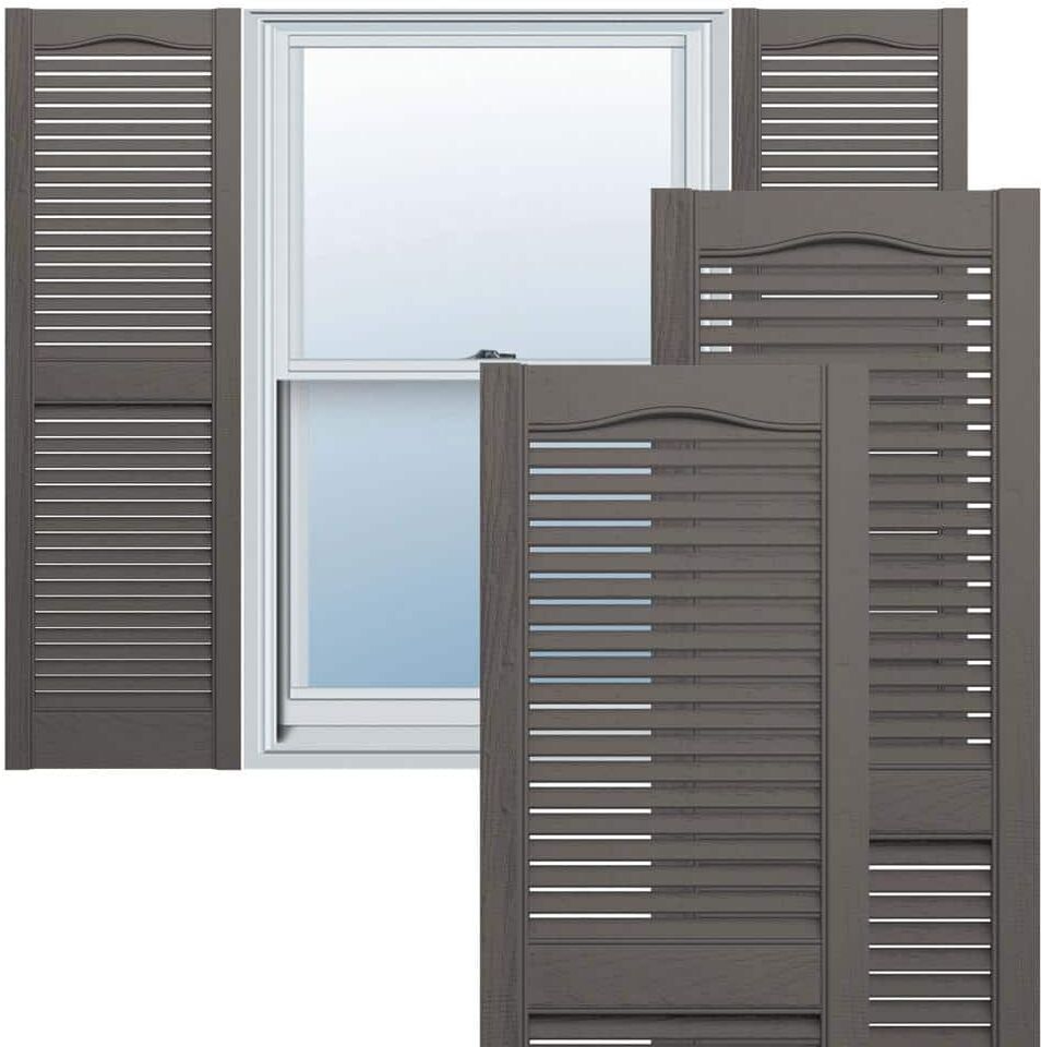 Ekena Millwork 12 in. x 61 in. Lifetime Vinyl Custom Cathedral Top Center Mullion Open Louvered Shutters Pair Tuxedo Grey