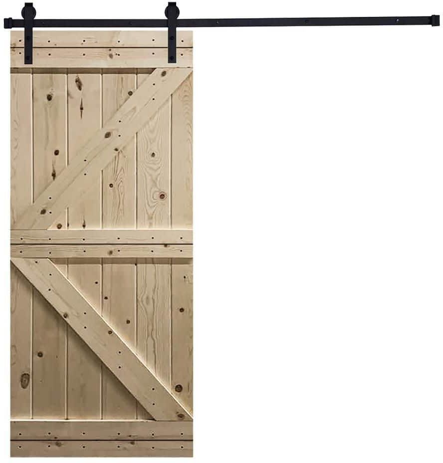 AIOPOP HOME K-Bar 30 in. x 84 in. Mother Nature Unfinished Knotty Pine Wood DIY Sliding Barn Door with Hardware Kit