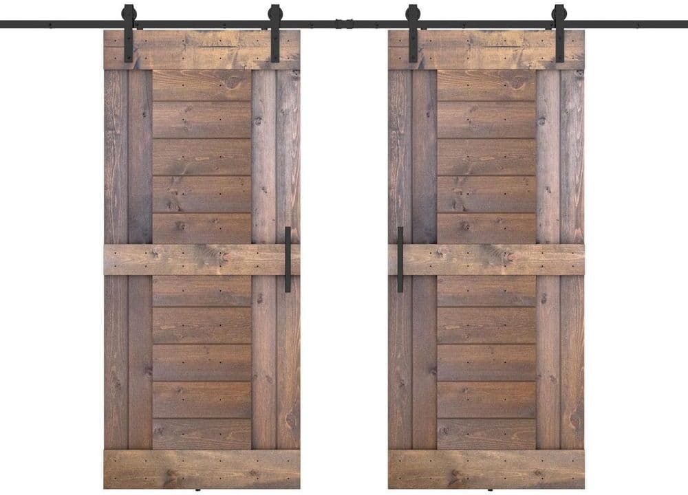 Dessliy Short Bar 84 in. x 84 in. Fully Set Up Briar Smoke Finished Pine Wood Sliding Barn Door with Hardware Kit