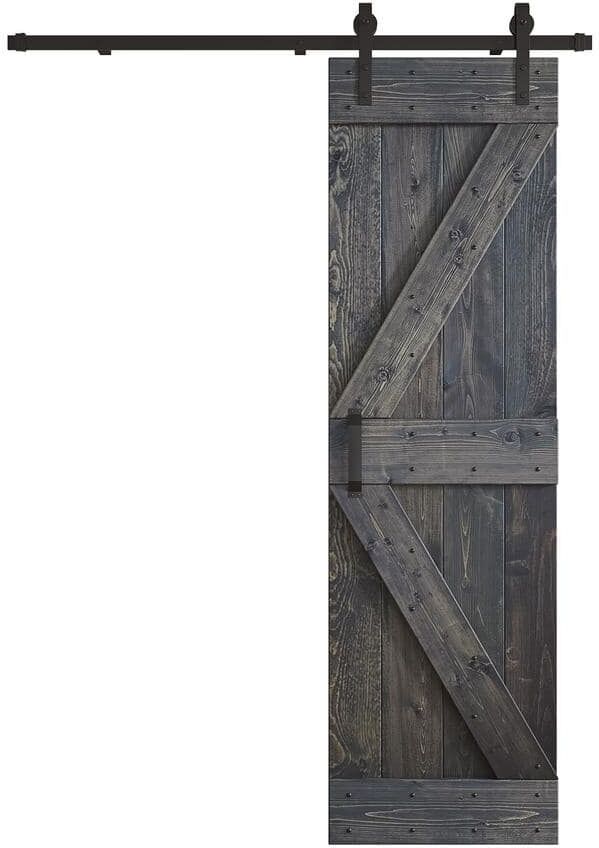 COAST SEQUOIA INC K Series 30 in. x 84 in. Carbon Gray DIY Knotty Pine Wood Sliding Barn Door with Hardware Kit