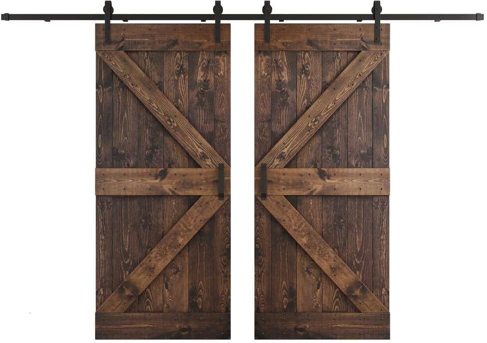 COAST SEQUOIA INC K Series 72 in. x 84 in. Kona Coffee DIY Knotty Wood Double Sliding Barn Door with Hardware Kit