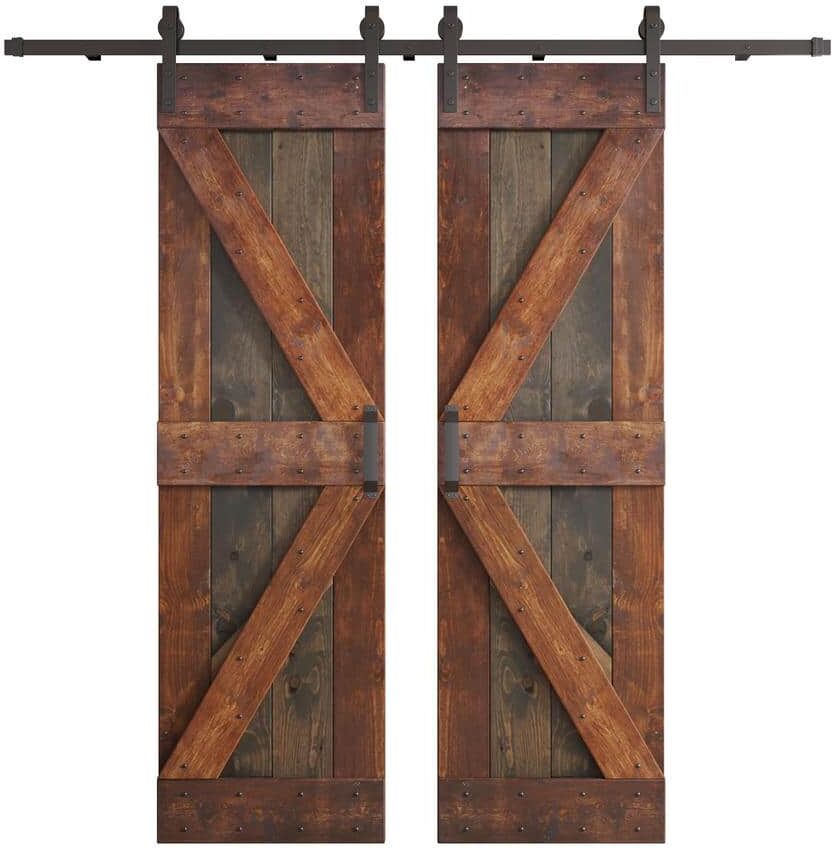 COAST SEQUOIA INC K Series 60 in. x 84 in. Aged Barrel/Dark Walnut Knotty Pine Wood Double Sliding Barn Door with Hardware Kit