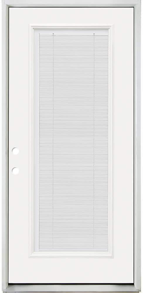 Steves & Sons 32 in. x 80 in. Reliant Clear Full Lite RHIS White Micro-Blind White Primed Fiberglass Prehung Front Door Nickel Hinges