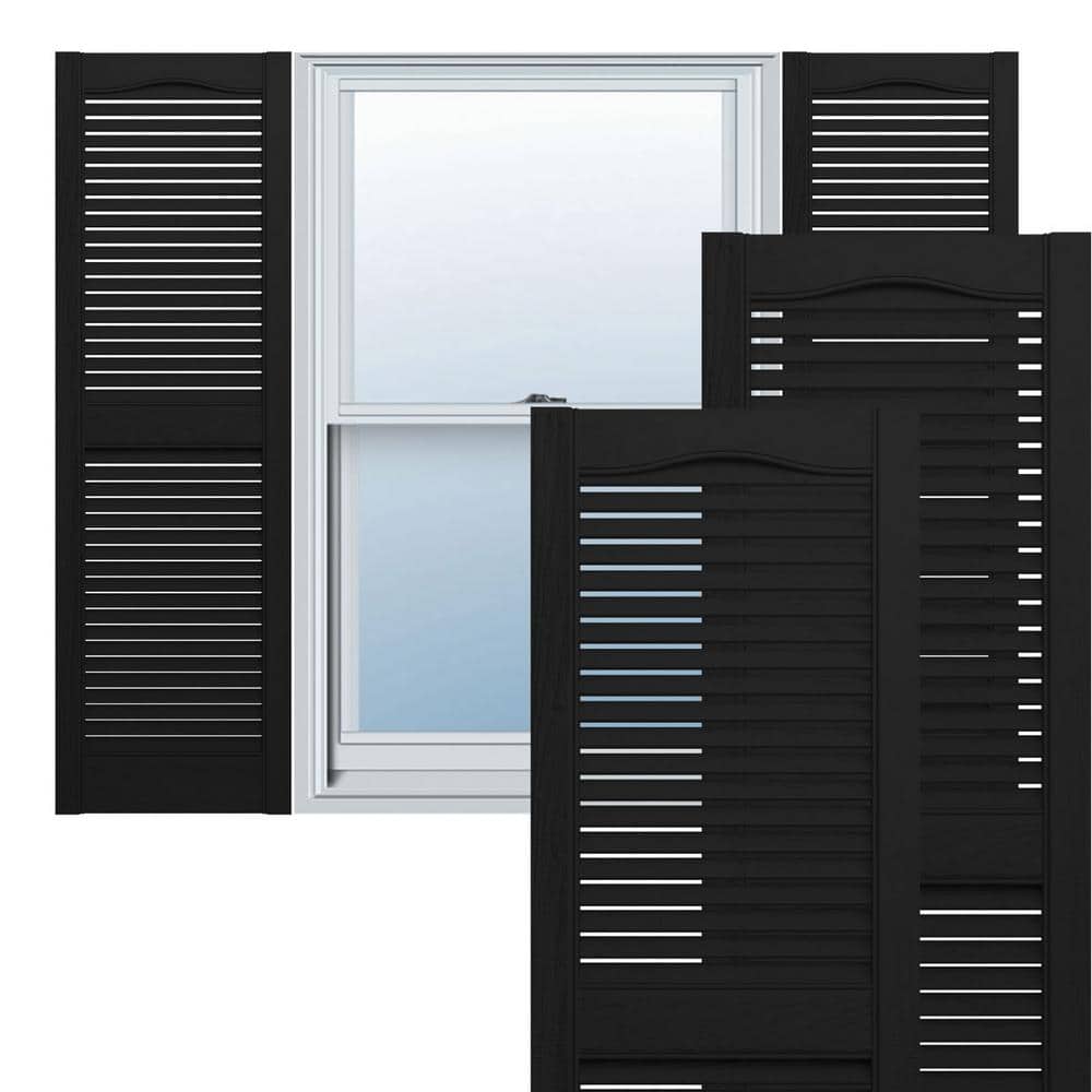 Ekena Millwork 12 in. x 25 in. Lifetime Open Louvered Vinyl Standard Cathedral Top Center Mullion Shutters Pair in Black