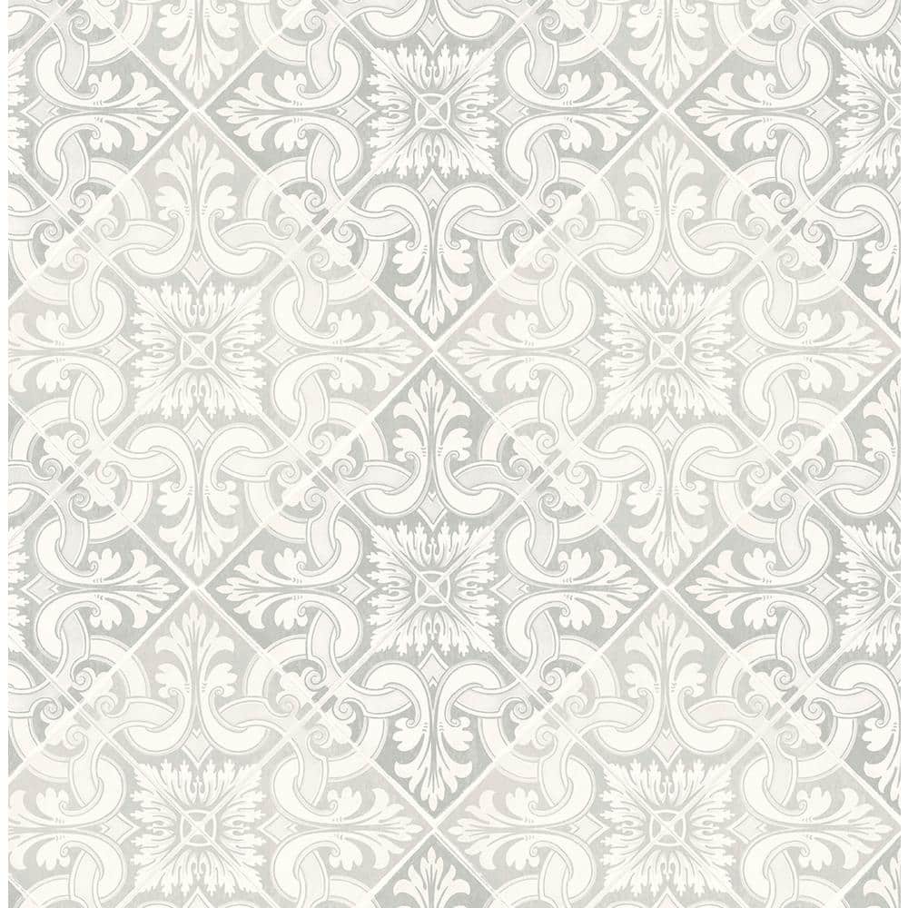 Seabrook Designs 56 sq. ft. Fog and Metallic Pearl Aveline Faux Moroccan Tile Unpasted Paper Wallpaper Roll