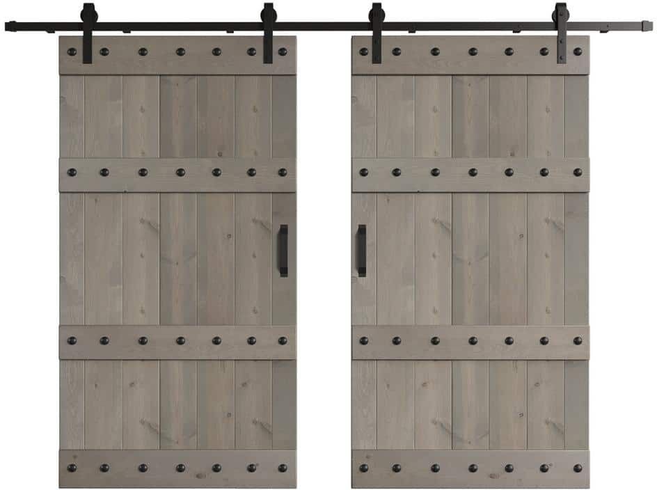 COAST SEQUOIA INC Castle Series 84 in. x 84 in. Light Grey DIY Knotty Wood Double Sliding Barn Door with Hardware Kit