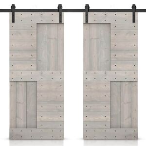 CALHOME 60 in. x 84 in. Silver Gray Stained DIY Knotty Pine Wood Interior Double Sliding Barn Door with Hardware Kit
