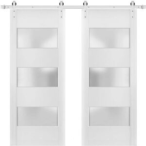 Sartodoors 48 in. x 80 in. 3 Lites Frosted Glass White Finished Pine Wood Sliding Barn Door with Hardware Kit