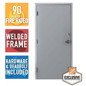 Armor Door 36 in. x 84 in. Fire-Rated Gray Right-Hand Flush Steel Prehung Commercial Door with Welded Frame, Deadlock and Hardware
