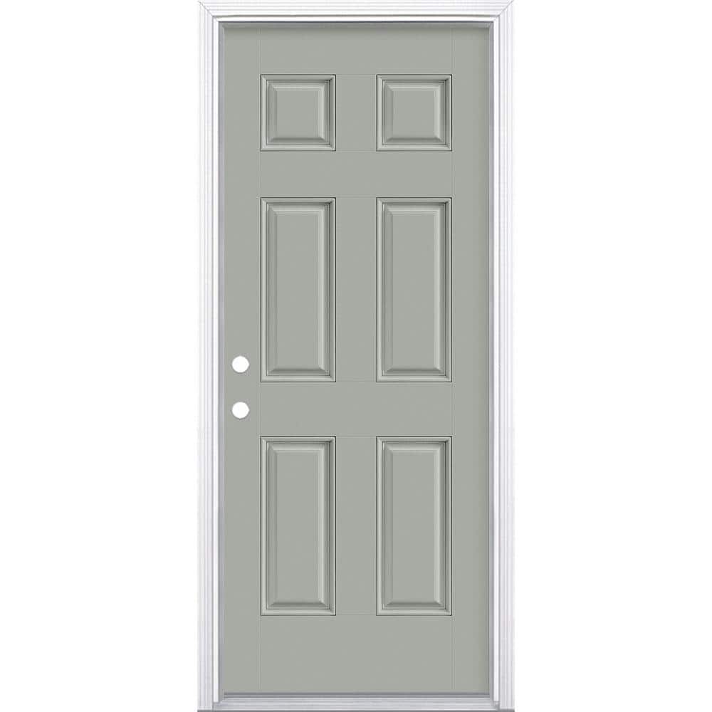 Masonite 32 in. x 80 in. 6-Panel Silver Cloud Right-Hand Inswing Painted Smooth Fiberglass Prehung Front Door with Brickmold