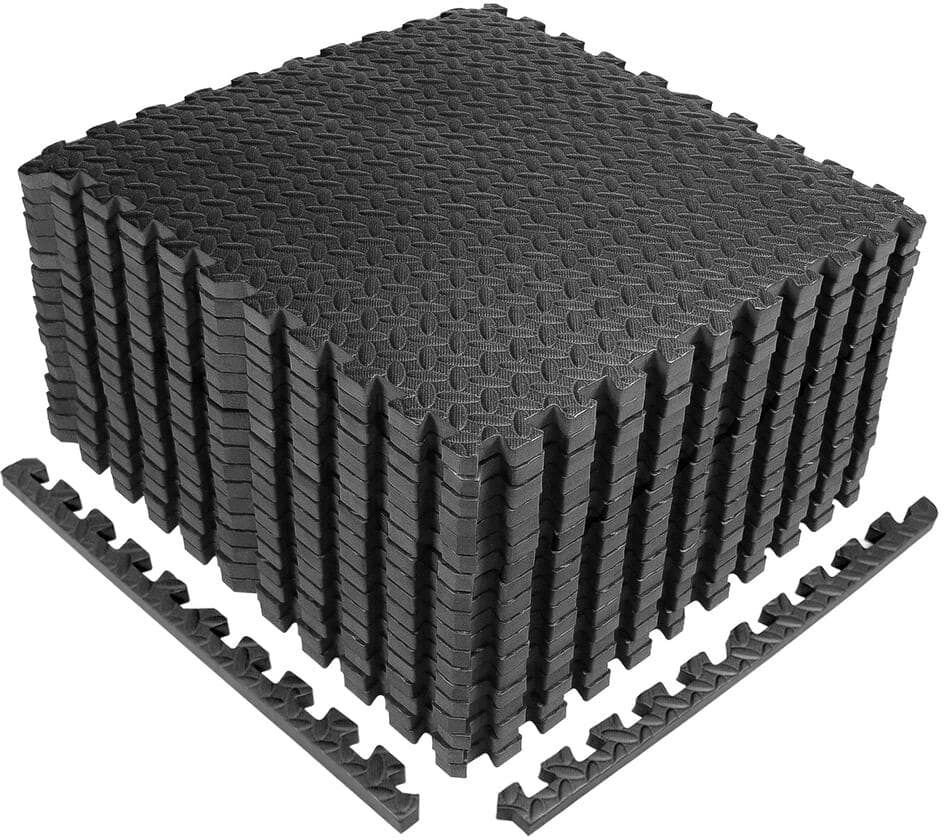 CAP Puzzle Exercise Mat Black 24 in. x 24 in. x 0.5 in. EVA Foam Interlocking Tiles with Border (72 sq. ft.)