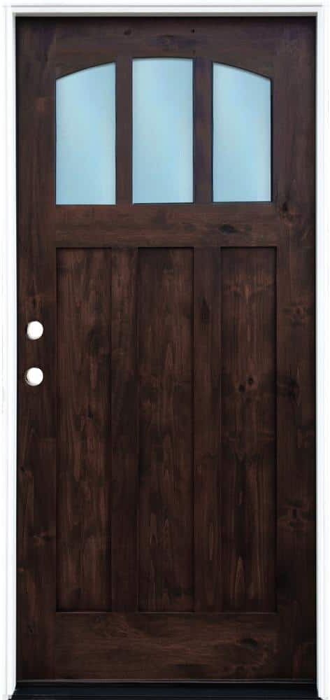 Pacific Entries 36 in. x 80 in. Craftsman Espresso Right Hand Inswing 3-lite w/ Arched Reed Glass Stained Alder Wood Pre-Hung Front Door