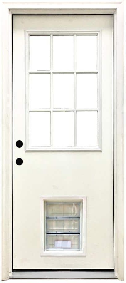 Steves & Sons 36 in. x 80 in. Reliant Series Clear 9 Lite RHIS White Primed Fiberglass Prehung Back Door with Large Pet Door