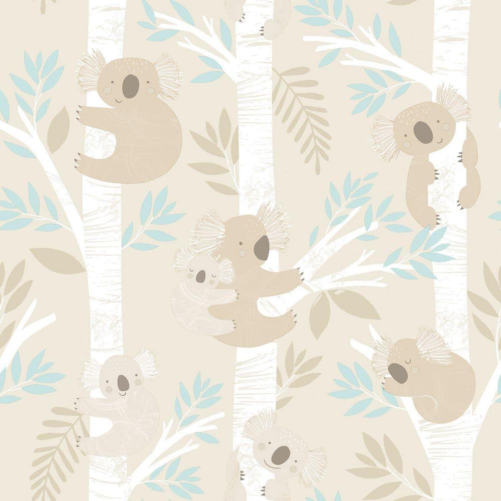 Tiny Tots 2-Collection Beige/Turquoise/White Glitter Finish Kids Koala Bear Theme Non-Woven Paper Wallpaper Roll