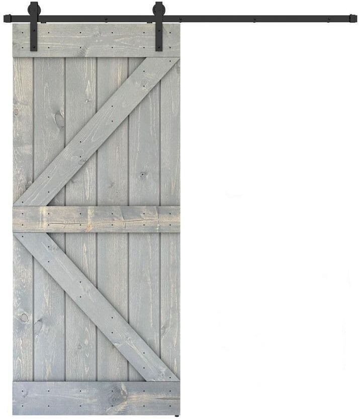 Dessliy K Series 36in. x 84 in. Fully Set Up Made-In-USA Weather Grey Finished Pine Wood Sliding Barn Door With Hardware Kit