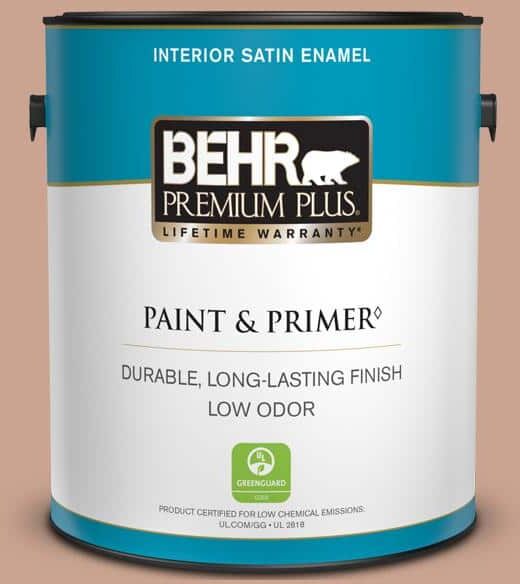 BEHR PREMIUM PLUS 1 gal. #220F-4 Sombrero Tan Satin Enamel Low Odor Interior Paint & Primer