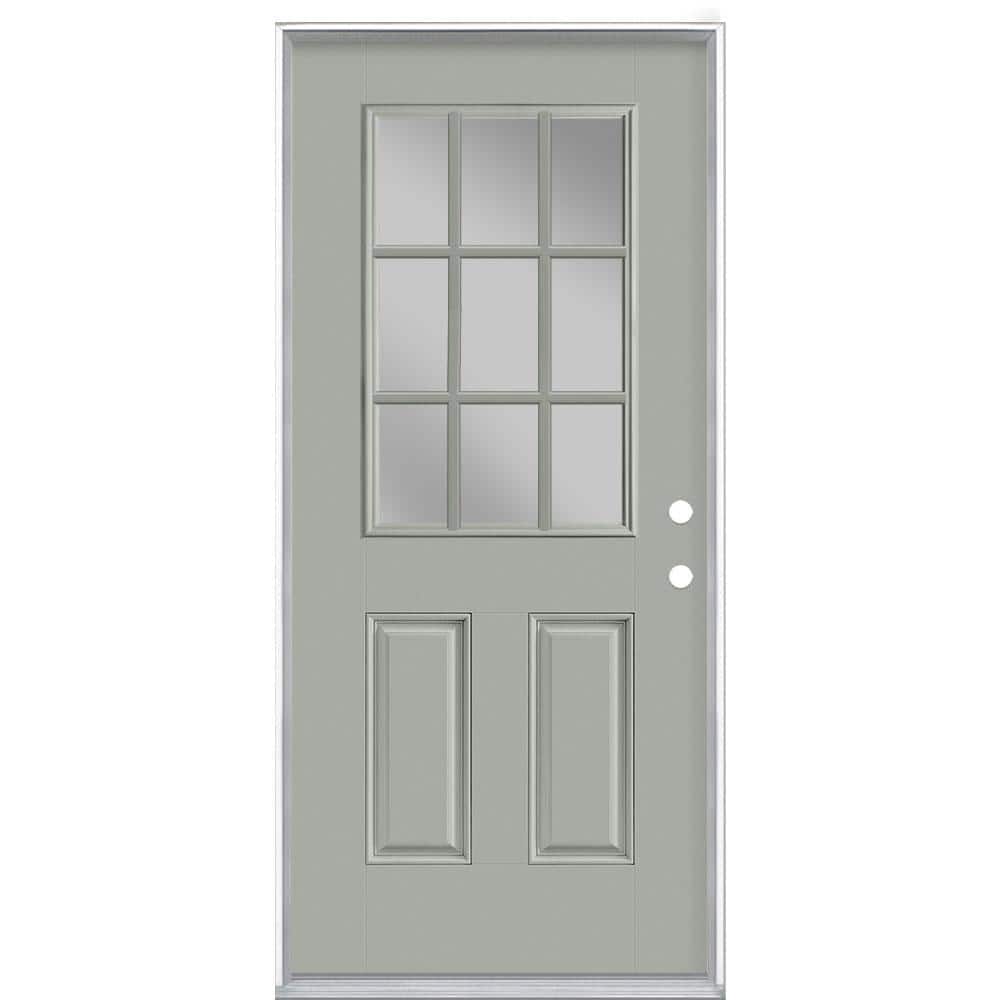 Masonite 36 in. x 80 in. 9 Lite Silver Cloud Left Hand Inswing Painted Smooth Fiberglass Prehung Front Exterior Door, Vinyl Frame