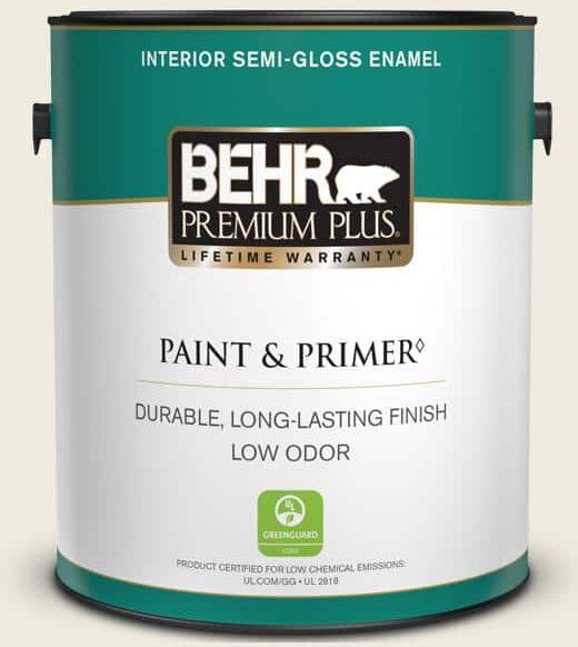 BEHR PREMIUM PLUS 1 gal. #PWN-51 Villa White Semi-Gloss Enamel Low Odor Interior Paint & Primer