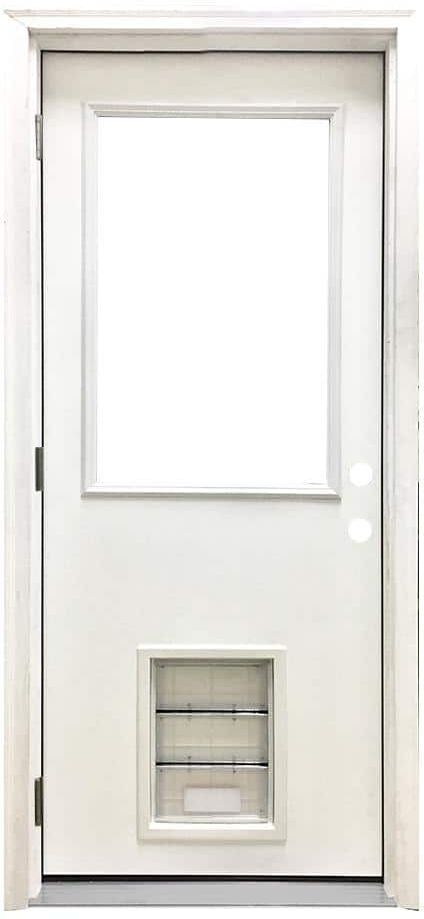 Steves & Sons 36 in. x 80 in. Reliant Series Clear Half Lite RHOS White Primed Fiberglass Prehung Front Door with Large Pet Door