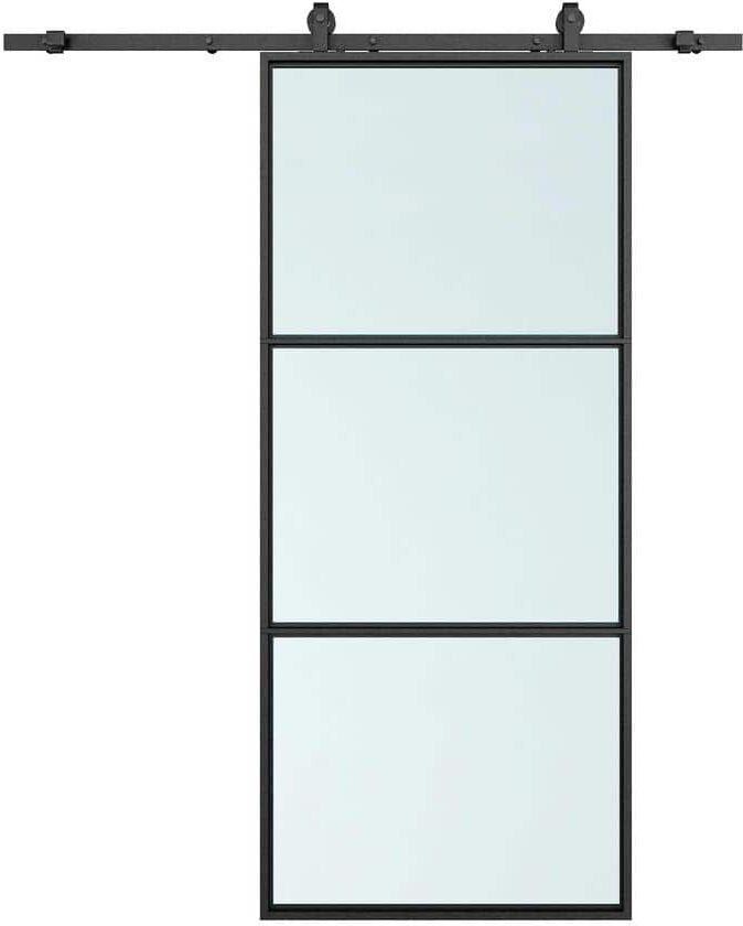 CALHOME 42 in. x 84 in. Full Lite Frosted Glass Black Steel Frame Interior Sliding Barn Door with Hardware Kit and Door Handle