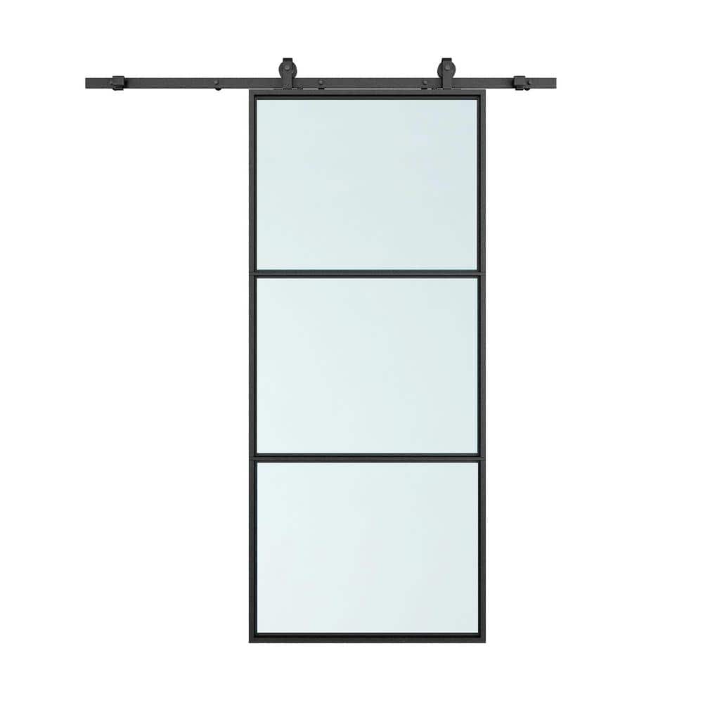 CALHOME 36 in. x 84 in. Full Lite Frosted Glass Black Steel Frame Interior Sliding Barn Door with Hardware Kit and Door Handle
