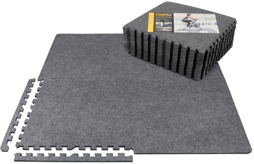 CAP Gray 24 in. x 24 in. x 12 mm Carpet Texture Top Interlocking Mats for Home Gym, Kids Room and Living Room (96 sq. ft.)