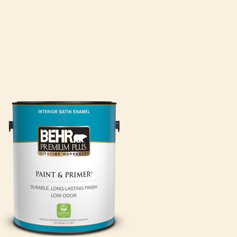BEHR PREMIUM PLUS 1 gal. #290A-1 Angel Food Satin Enamel Low Odor Interior Paint & Primer