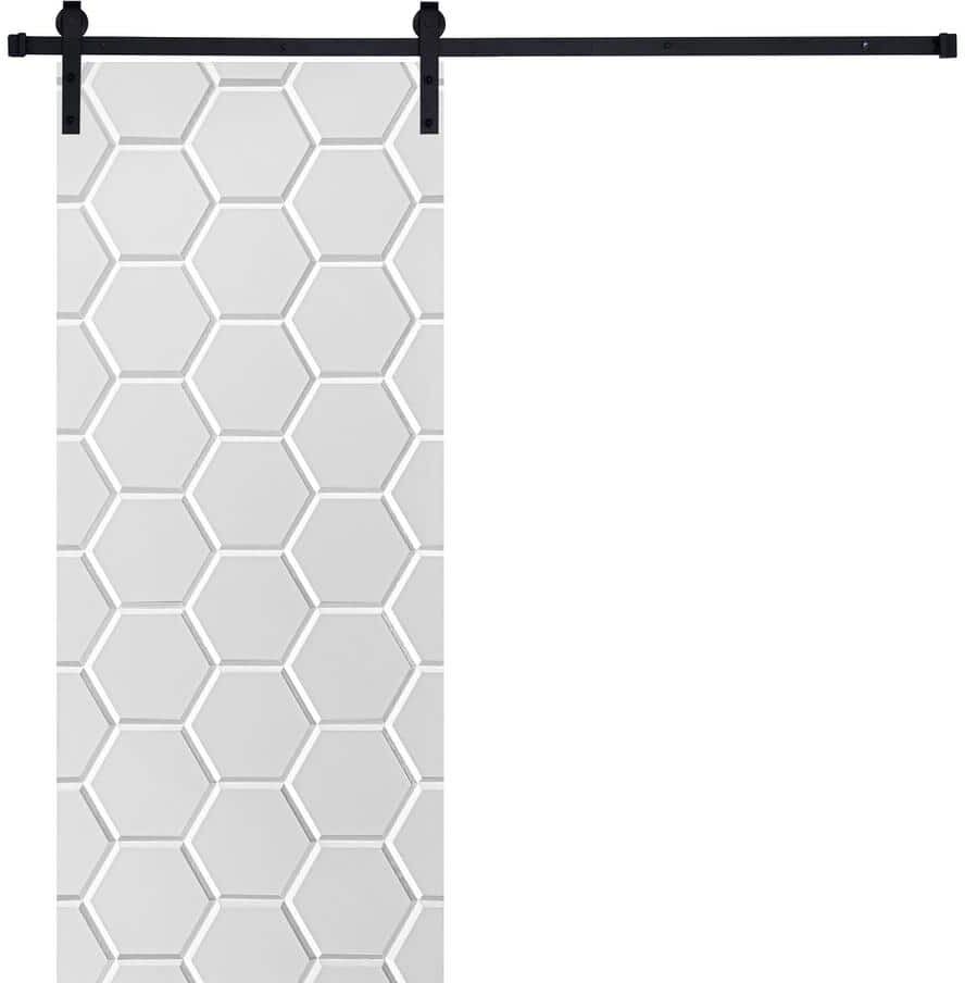 AIOPOP HOME Modern Honeycomb Designed 96 in. x 32 in. MDF Panel White Painted Sliding Barn Door with Hardware Kit