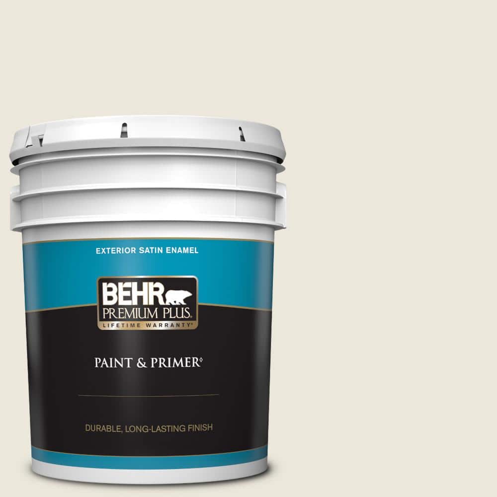 BEHR PREMIUM PLUS 5 gal. #BXC-32 Picket Fence White Satin Enamel Exterior Paint & Primer