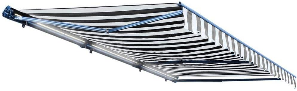 ALEKO 20 ft. x 10 ft. Gray and White Stripes Half Cassette Motorized Retractable LED Luxury Patio Awning