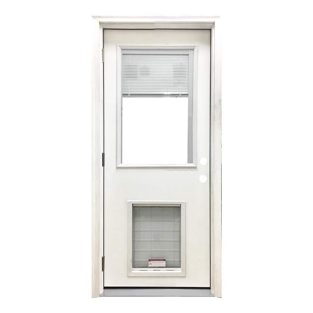 Steves & Sons 32 in. x 80 in. Reliant Series Clear Mini-Blind RHOS White Primed Fiberglass Prehung Front Door with XL Pet Door