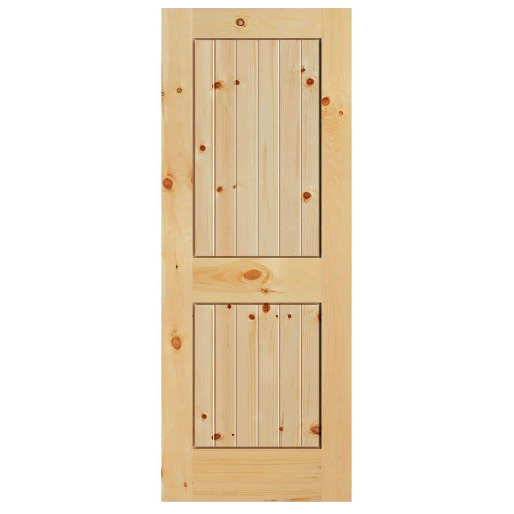 Masonite 40 in. x 84 in. Knotty Pine Veneer 2 Panel Plank V-Groove Solid Wood Interior Barn Door Slab