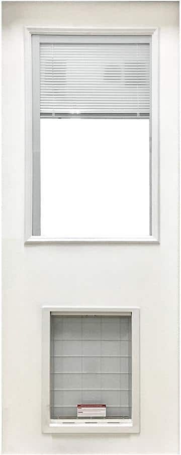 Steves & Sons 31-3/4 in. x 79 in. Reliant Clear Half Lite Mini-Blind White Primed Fiberglass Front Door Slab with Extra Large Pet Door