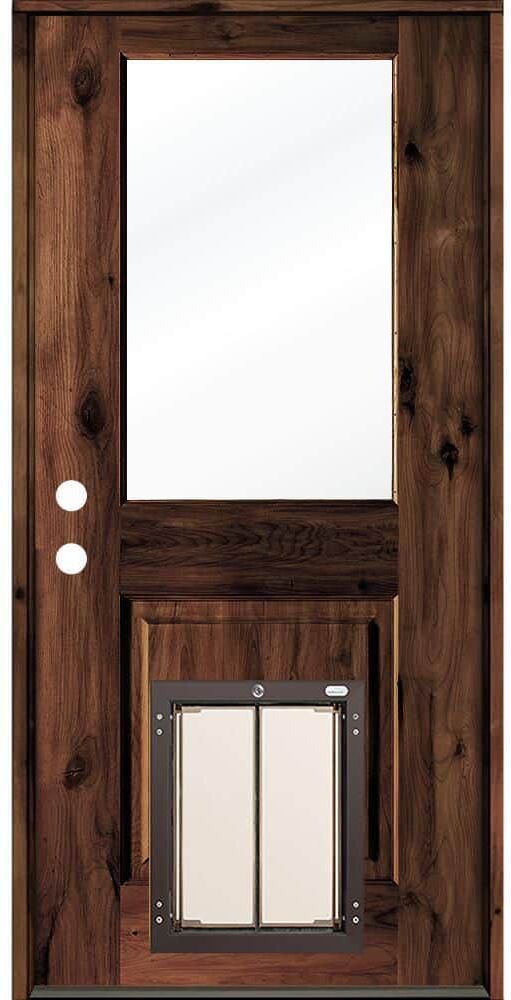 Krosswood Doors 36 in. x 80 in. Right-Hand 1/2 Lite Clear Glass Red Mahogany Stained Wood Prehung Door with Large Dog Door