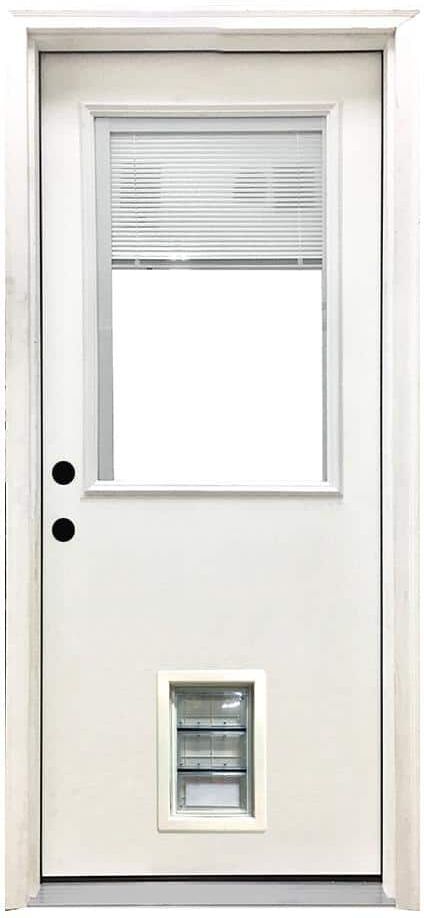 Steves & Sons 32 in. x 80 in. Reliant Series Clear Mini-Blind RHIS White Primed Fiberglass Prehung Front Door with Med Pet Door