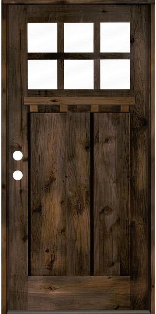 Krosswood Doors 32 in. x 80 in. Craftsman Knotty Alder Right-Hand/Inswing 6-Lite Clear Glass Black Stain Wood Prehung Front Door with DS