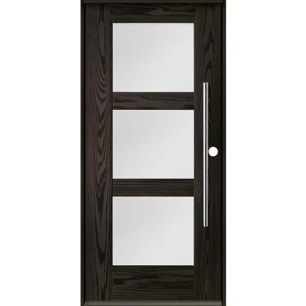 Krosswood Doors Modern Faux Pivot 36 in. x 80 in. 3-Lite Left-Hand/Inswing Satin Glass Baby Grand Stain Fiberglass Prehung Front Door