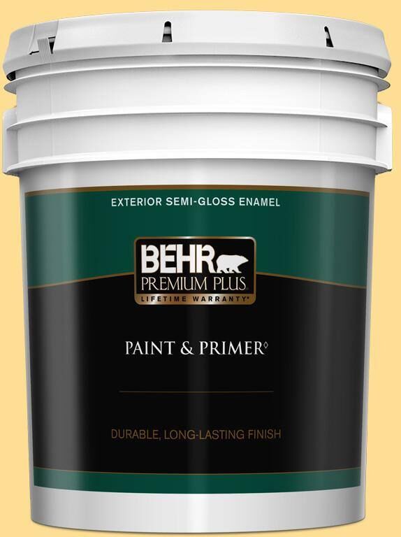 BEHR PREMIUM PLUS 5 gal. #350B-5 Straw Hat Semi-Gloss Enamel Exterior Paint & Primer