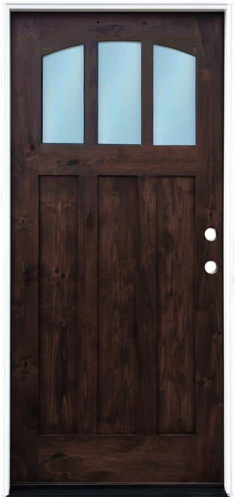 Pacific Entries 36 in. x 80 in. Craftsman Espresso Left Hand Inswing 3-lite w/ Arched Reed Glass Stained Alder Wood Pre-Hung Front Door