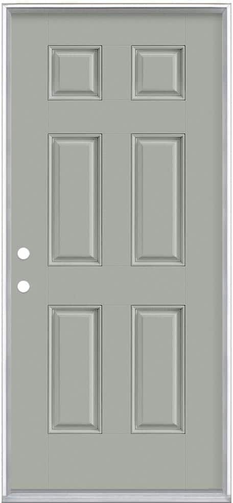 Masonite 36 in. x 80 in. 6-Panel Silver Cloud Right-Hand Inswing Painted Smooth Fiberglass Prehung Front Exterior Door