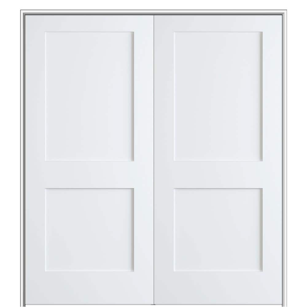 MMI Door Shaker Flat Panel 64 in. x 80 in. Both Active Solid Core Primed HDF Double Pre-Hung French Door with 4-9/16 in. Jamb