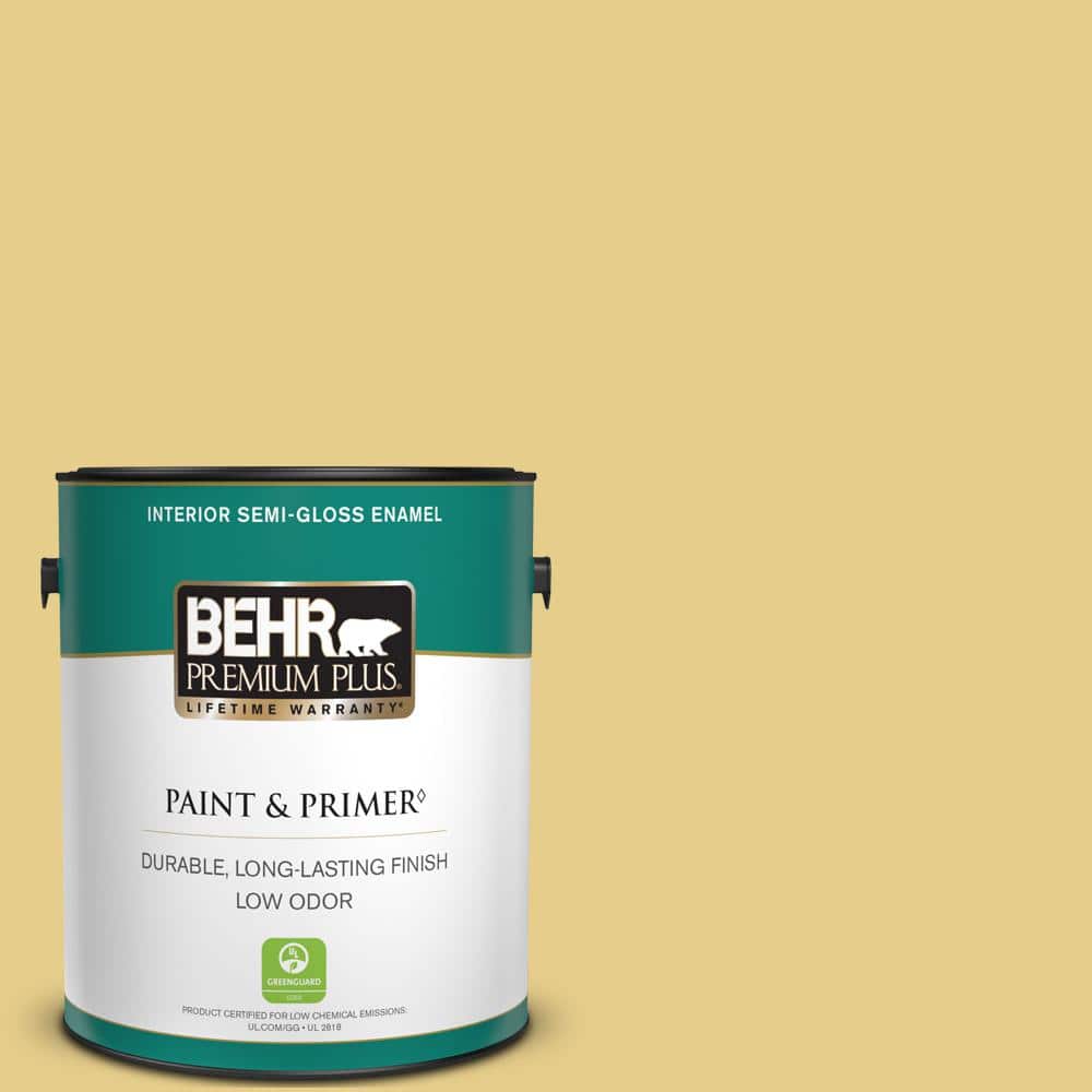 BEHR PREMIUM PLUS 1 gal. #T12-6 Lol Yellow Semi-Gloss Enamel Low Odor Interior Paint & Primer